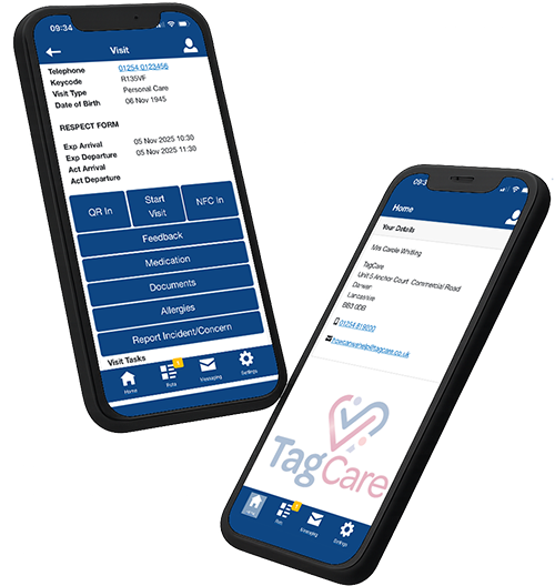 TagCare’s home care software being displayed on mobile devices.