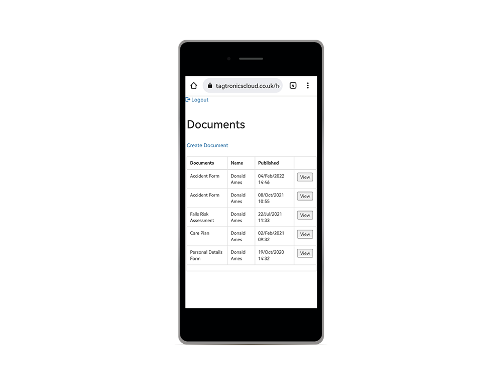 TagCare’s Home Care Mobile App displayed on a Smart Phone.