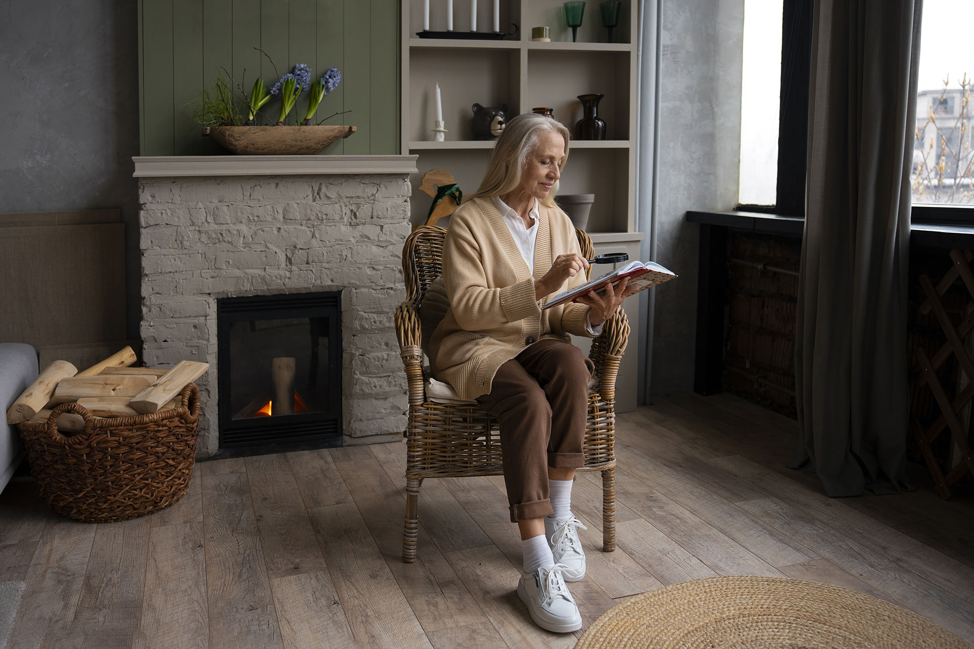 An elderly woman reading by the fire at her home. 